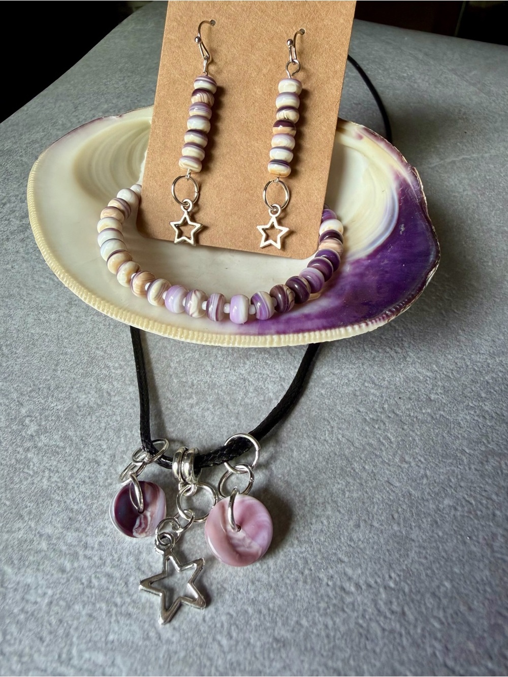 Handmade Wampum Shell Bead Star Drop Earrings, Necklace and Bracelet Set